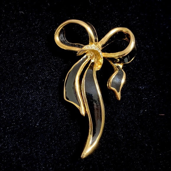 🖤Vtg💕Black and gold ribbon brooch - Picture 2 of 9